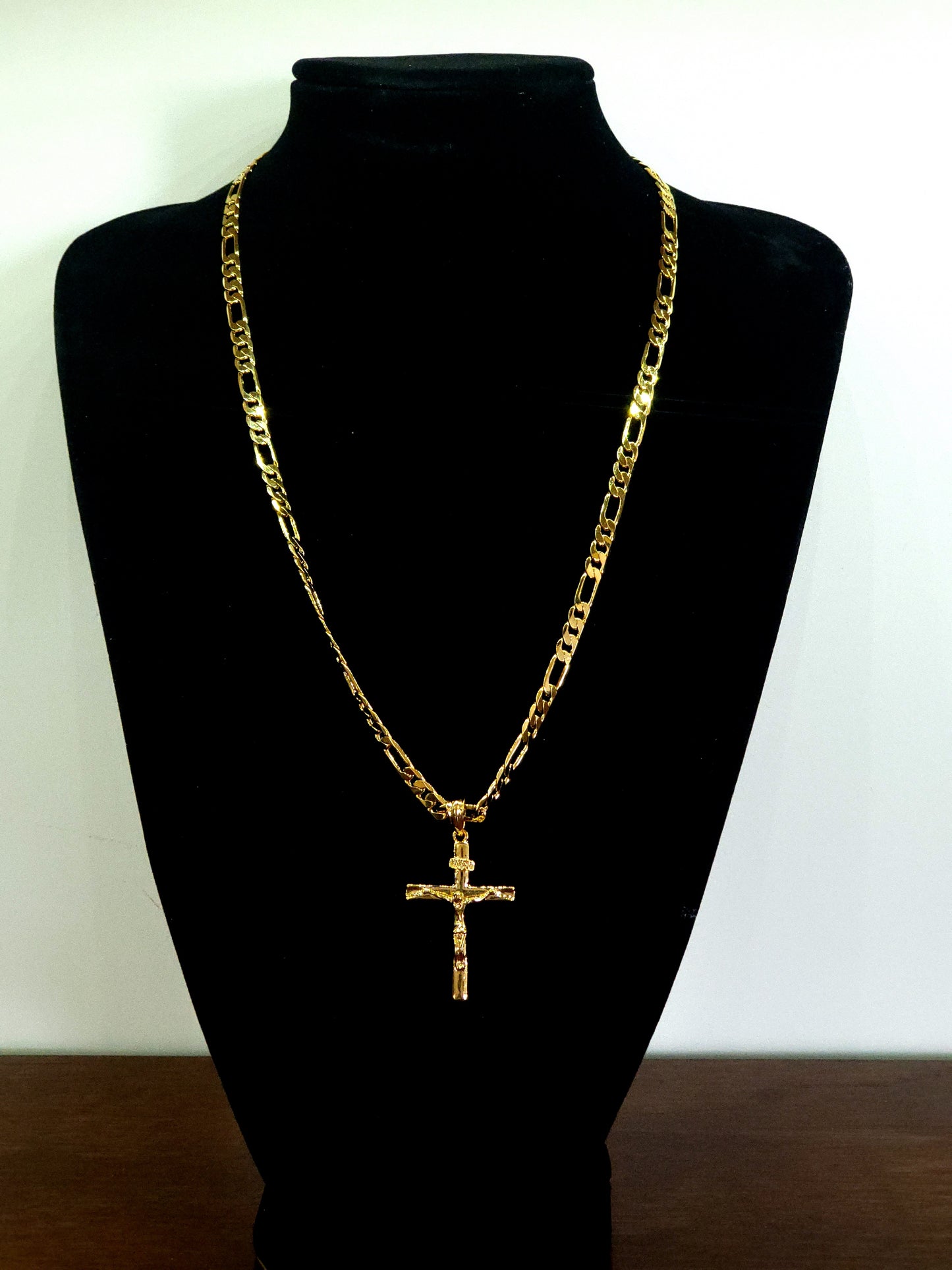 10K Gold-Plated 24" Figaro Chain & Crucifix Pendant Combo