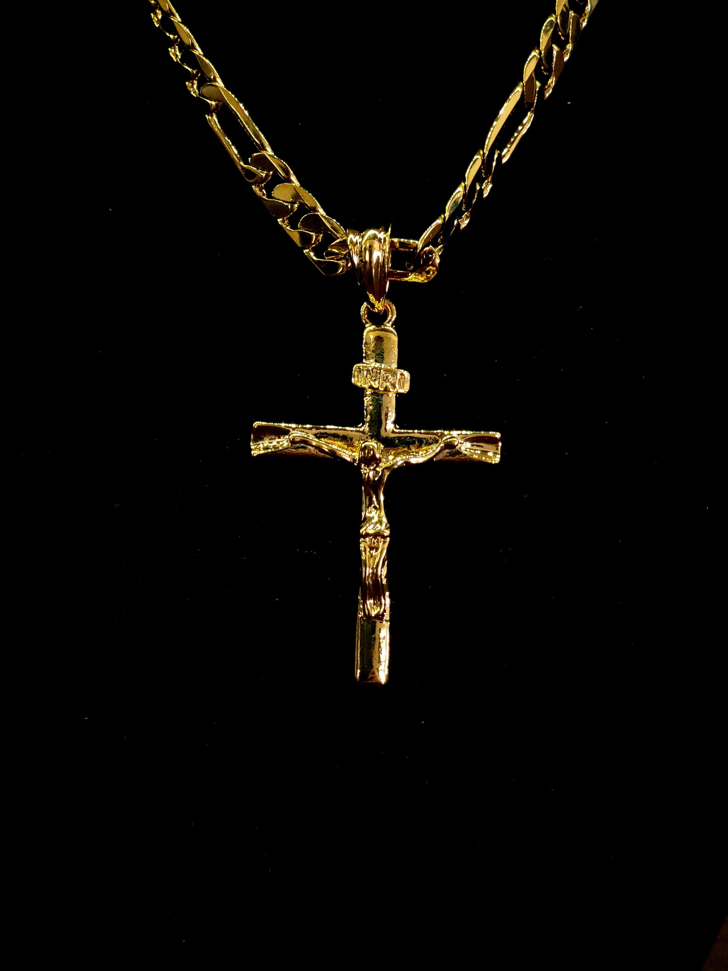 10K Gold-Plated 24" Figaro Chain & Crucifix Pendant Combo