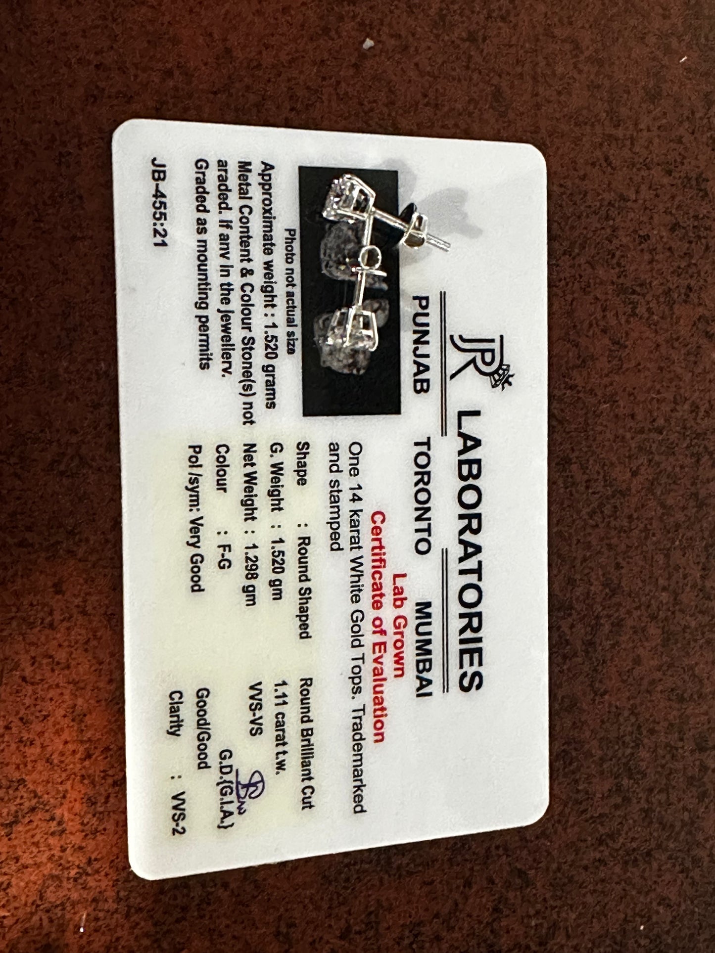 14K VVS 1.11ct Studs