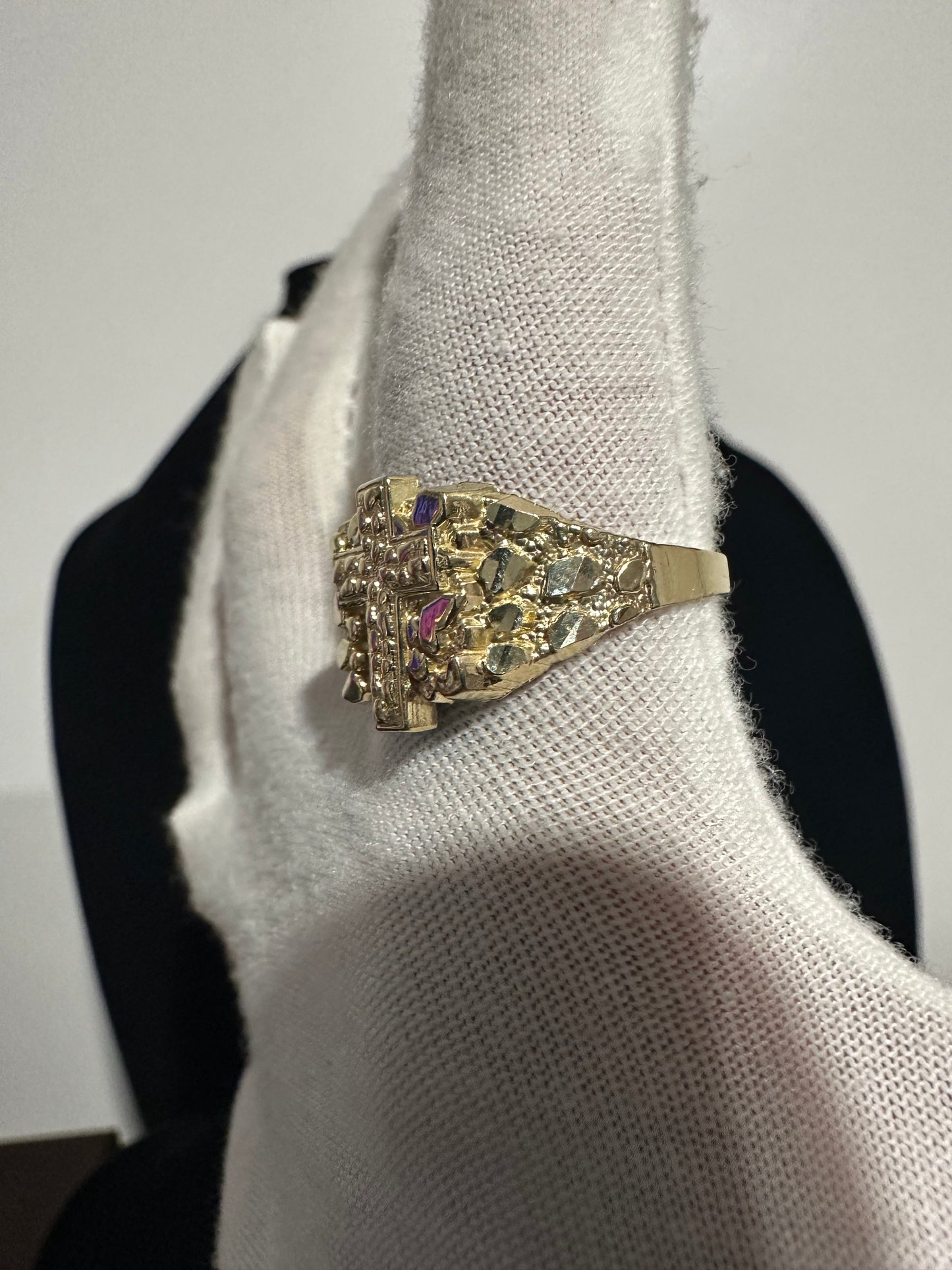 10K Gold Nugget Cross Ring Size 12.25