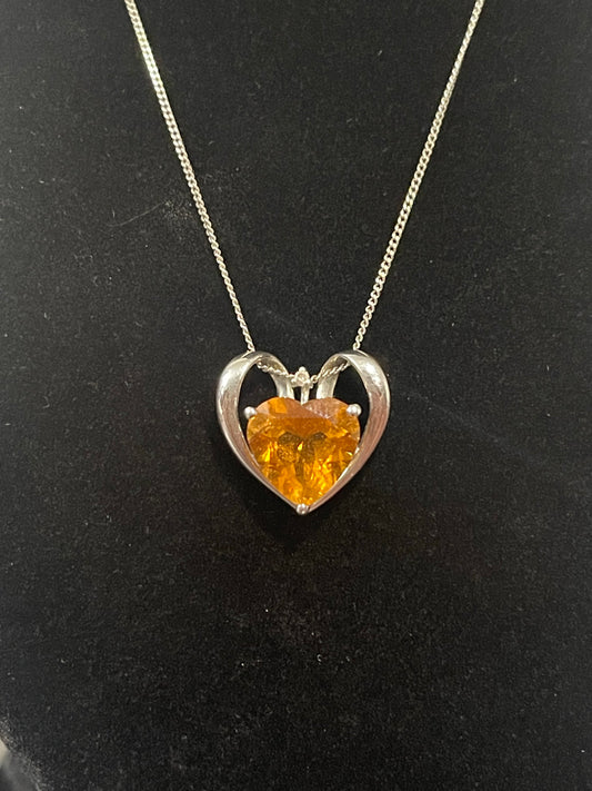 10K White Gold Amber Heart Pendant & Chain 19”