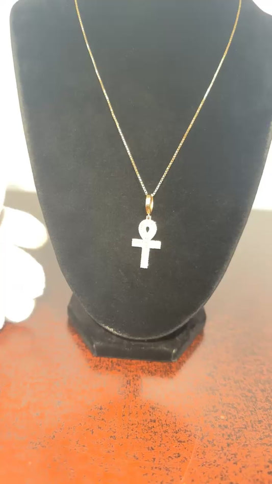 10K Diamond Ankh Pendant & Box Chain 17 3/8”